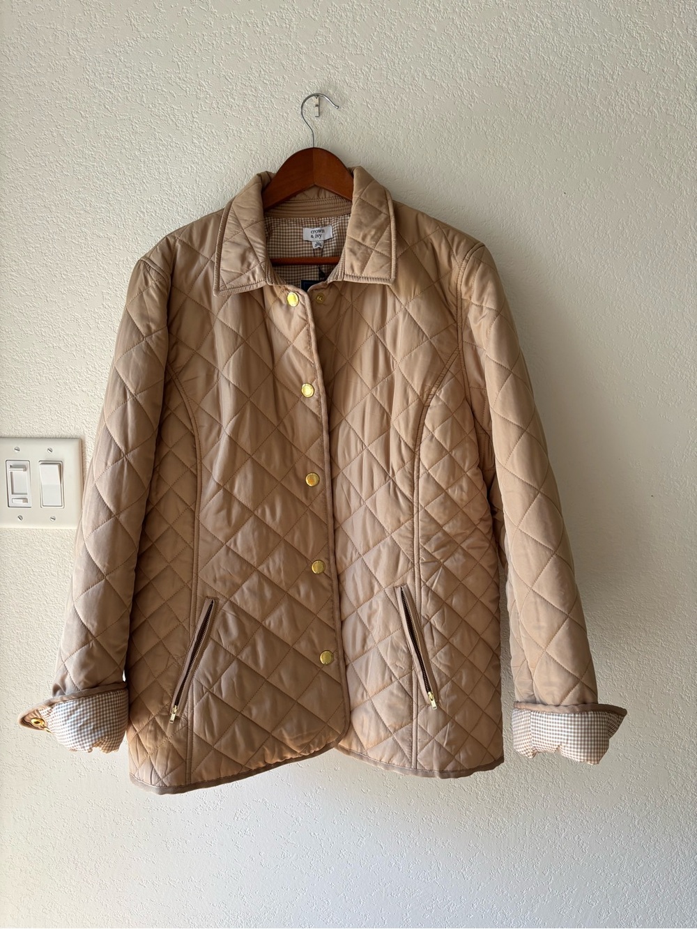 crown & ivy Quilted Tan Puffer Jacket with Gold Buttons